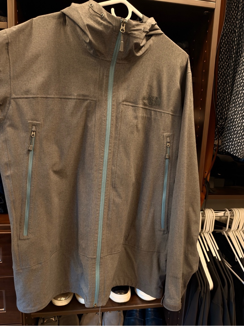 The North Face Gray Hooded Softshell Jacket with Teal Zippers